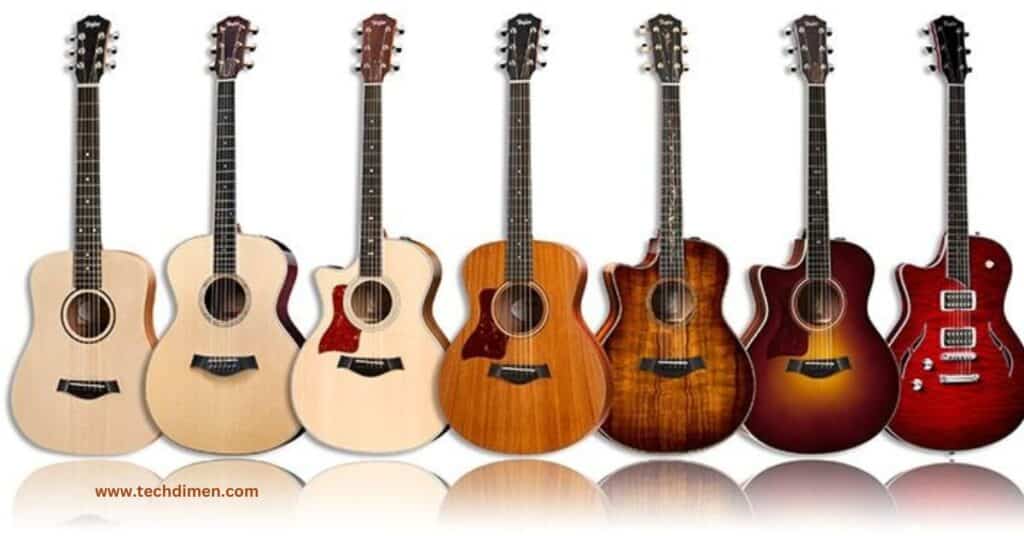 Five Acoustic Guitars Lined Up